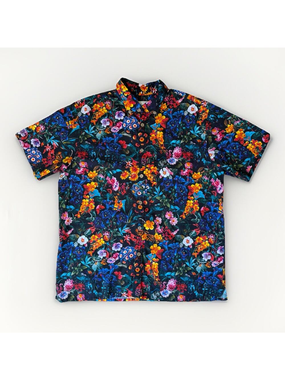 Yiume Shirt XL Multicolor Floral Tropical Short Sleeve Button Up Hawaiian Art
